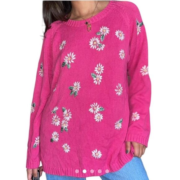 Quacker Factory Daisy Embroidered Pink Knit Sweater Size Medium - Picture 4 of 8